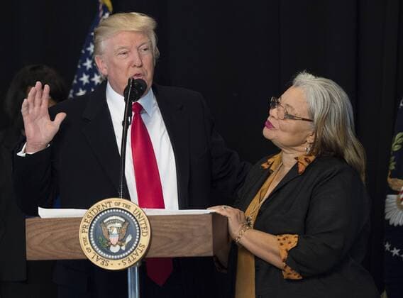 President Donald Trump delivers remarks with Alveda King, niece of Martin Luther King Jr., after touring the Smithsonian National Museum of African American History & Culture in Washington, D.C. on February 21, 2017.  WAP20170221398 KEVINxDIETSCH
