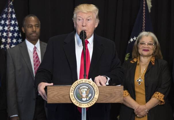 February 21, 2017 - Washington, District of Columbia, United States of America - United States President Donald Trump delivers remarks after touring the Smithsonian National Museum of African American History & Culture in Washington, D.C. on February 21, 2017. Trump was joined by Dr. Ben Carson and Alveda King, niece of Martin Luther King Jr. Photo Credit: CNP AdMedia Washington United States of America - ZUMAa123 20170221_zaa_a123_015 Copyright: xKevinxDietschx