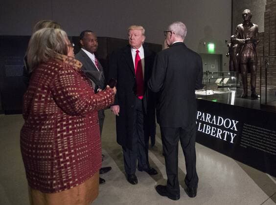 February 21, 2017 - Washington, District of Columbia, United States of America - United States President Donald Trump is joined by David Skorton, Secretary of the Smithsonian, as he tours the Smithsonian National Museum of African American History & Culture in Washington, D.C. on February 21, 2017. Photo Credit: CNP AdMedia Washington United States of America - ZUMAa123 20170221_zaa_a123_020 Copyright: xKevinxDietschx