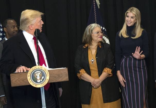 February 21, 2017 - Washington, District of Columbia, United States of America - United States President Donald Trump looks to his daughter Ivanka (R) as she is joined by Alveda King, niece of Martin Luther King Jr., as Trump delivers remarks after touring the Smithsonian National Museum of African American History & Culture in Washington, D.C. on February 21, 2017. Photo Credit: CNP AdMedia Washington United States of America - ZUMAa123 20170221_zaa_a123_025 Copyright: xKevinxDietschx