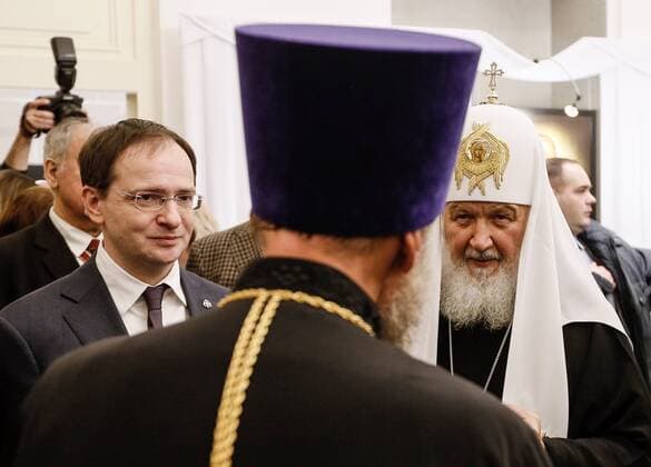 MOSCOW, RUSSIA - FEBRUARY 23, 2017: Russia s Culture Minister Vladimir Medinsky (L) and Patriarch Kirill of Moscow and All Russia (R) attend the opening of an exhibition of the Russian Orthodox Church awards, at the Military Uniform Museum of the Russian Military Historical Society. Alexander Shcherbak TASS  TS042527