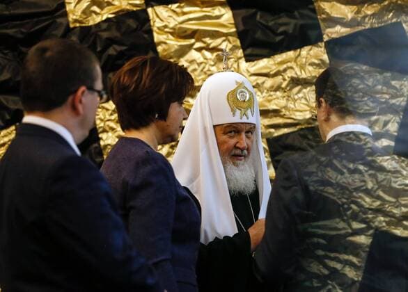 MOSCOW, RUSSIA - FEBRUARY 23, 2017: Patriarch Kirill (C) of Moscow and All Russia attends the opening of an exhibition of the Russian Orthodox Church awards, at the Military Uniform Museum of the Russian Military Historical Society. Alexander Shcherbak TASS  TS04254A