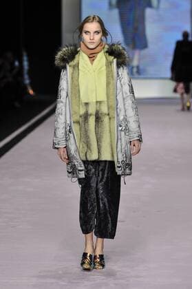 Italy: Ferre Fur Show A model walks the runway at the Ferre Fur show during Milan Fashion Week Fall Winter 2017 18.  GaetanoxPiazzolla