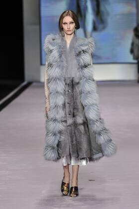 Italy: Ferre Fur Show A model walks the runway at the Ferre Fur show during Milan Fashion Week Fall Winter 2017 18.  GaetanoxPiazzolla