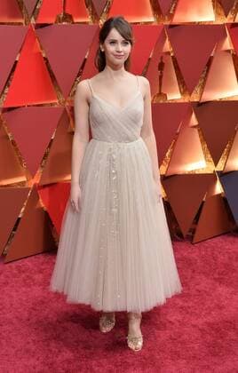 Actress Felicity Jones arrives on the red carpet for the 89th annual Academy Awards at the Dolby Theatre in the Hollywood section of Los Angeles on February 26, 2017.  LAP20170226838 JIMxRUYMEN