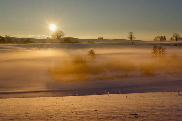 Germany, Gebrazhofen, sunrise over hazy winter landscape  SIEF07271