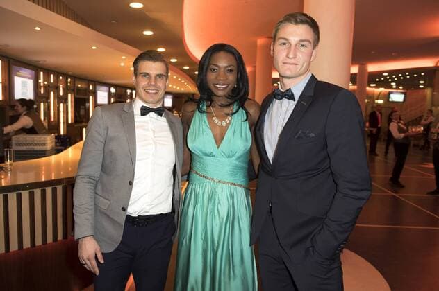 Julian Reus, Sosthene Moguenara und Thomas Röhler bei der Weltpremiere des Imagefilms Urban Records zur Leichtathletik-EM Berlin 2018 im Zoo Palast. Berlin, 27.02.2017 Foto:xF.xKernx xFuturexImage