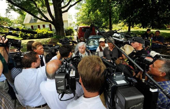 Aug. 1, 2008 - Bruce DeGrange, with the Frederick City Police Department, talks with the media after he and several members of the force checked with wife Diane Ivins, wife of research microbiologist Bruce E. Ivins, 62, who worked with the anthrax investigations of 2001 at Fort Detrick. He died Tuesday of drug overdose. ( Baltimore Sun MCT) - ZUMAm67_ 20080801_baf_m67_214 Copyright: xChristopherxT.xAssafx
