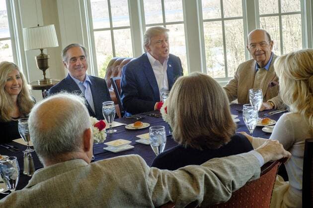 March 11, 2017 - Potomac Falls, Virginia, United States of America - United States President Donald Trump has a working lunch with staff and cabinet members and significant others at his golf course, Trump National Golf Club in Potomac Falls, Virginia, U.S., on Saturday, March 11, 2017. Seated around the table from left: Merle Bari Shulkin; US Secretary of Veterans Affairs David Shulkin; President Trump; US Secretary of Commerce Wilbur Ross; Louise Linton; Karen Hernest Kelly; and US Secretary of Homeland Security John F. Kelly. .Credit: Pool via CNP Potomac Falls United States of America - ZUMAs152 20170311_zaa_s152_001 Copyright: xPetexMarovichx