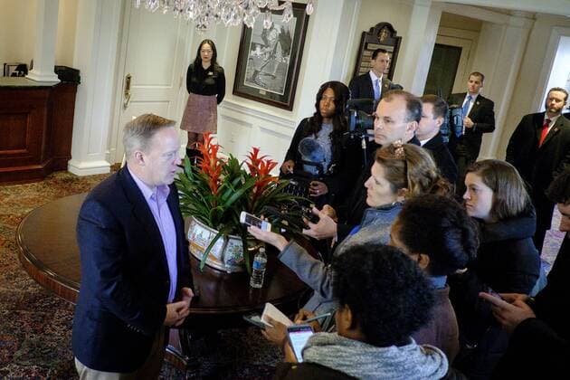 March 11, 2017 - Potomac Falls, Virginia, United States of America - White House Press Secretary Sean Spicer briefs the press pool as United States President Donald Trump has a working lunch with staff and cabinet members and significant others at his golf course, Trump National Golf Club in Potomac Falls, Virginia, U.S., on Saturday, March 11, 2017. .Credit: Pool via CNP Potomac Falls United States of America - ZUMAs152 20170311_zaa_s152_006 Copyright: xPetexMarovichx