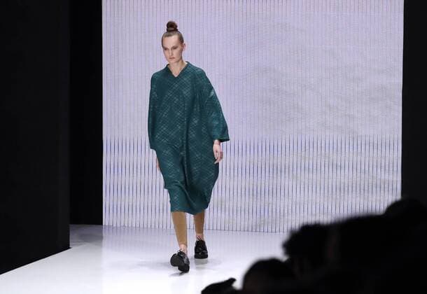 MOSCOW, RUSSIA - MARCH 12, 2017: A model wears a creation from the spring summer 2017 Chapurin for Finn Flare collection during a catwalk show at the 2017 Mercedes-Benz Fashion Week Russia in the Manege Central Exhibition Hall. Artyom Geodakyan TASS  TS043F6A
