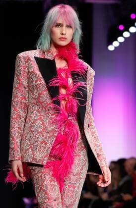 MOSCOW, RUSSIA - MARCH 12, 2017: A model showcases creations during a runway show for the Spring Summer 2017 collection by Russian fashion designer Alexandr Rogov on the opening day of the 2017 Mercedes-Benz Fashion Week Russia in the Manege Central Exhibition Hall. Artyom Geodakyan TASS  TS043FED
