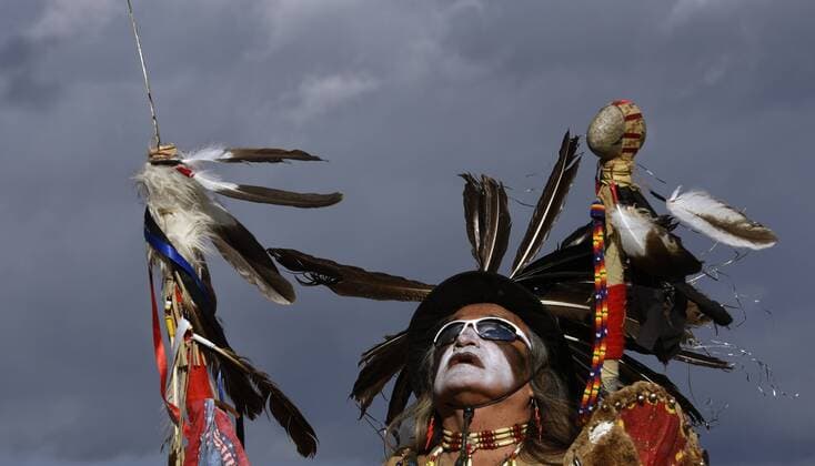 March 10, 2017 - Washington, DC, U.S - PHIL LITTLE THUNDER from SD does ceremonial dancing at the teepee camp. He was at Standing Rock. Dakota Access Pipeline protesters return to a teepee camp set up on the National Mall after Indigenous rights activists and many water protectors from Standing Rock held a rally at the Army Corps of Engineers then marched to the White House in Washington, D.C., on March 10, 2017. Washington U.S. - ZUMAg208 20170310_zap_g208_087 Copyright: xCarolxGuzyx