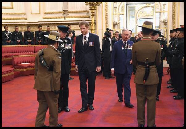 . 14 03 2017. London, United Kingdom. The Royal Gurkha service medals. Prince Charles, Prince of Wales and Prince Harry attend a medal presentation for The Royal Gurkha Rifles at Buckingham Palace on March 14, 2017 in London, England. 2017 marks the 40th anniversary of The Prince Of Wales as Colonel-in-Chief of The Royal Gurkha Rifles.  xi-Imagesx xPoolx IIM-14660-0007