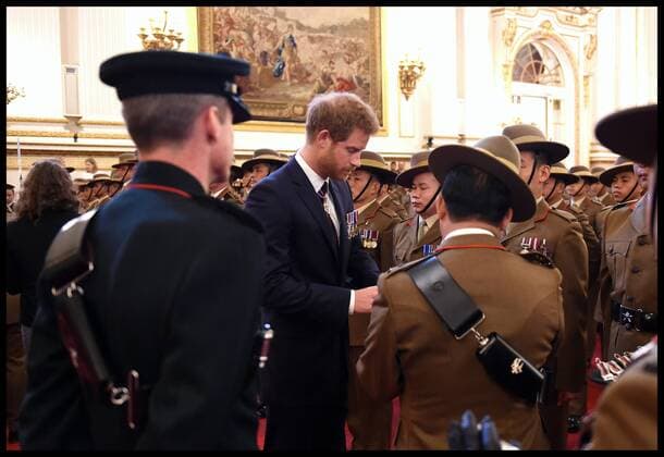 . 14 03 2017. London, United Kingdom. The Royal Gurkha service medals. Prince Harry attends a medal presentation for The Royal Gurkha Rifles at Buckingham Palace on March 14, 2017 in London, England. 2017 marks the 40th anniversary of The Prince Of Wales as Colonel-in-Chief of The Royal Gurkha Rifles.  xi-Imagesx xPoolx IIM-14660-0058