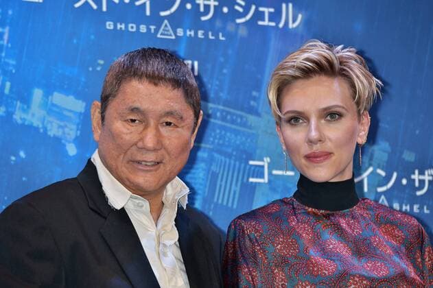 Japanese actor Takeshi Kitano(L) and actress Scarlett Johansson attend a press conference for the film Ghost in the shell in Tokyo, Japan on March 16, 2017.  TKP2017031608 KEIZOxMORI