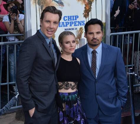 Cast members Dax Shepard, Kristen Bell and Michael Pena (L-R) attend the premiere of the motion picture comedy CHIPS at TCL Chinese Theatre in the Hollywood section of Los Angeles on March 20, 2017. Storyline: A rookie officer is teamed with a hardened pro at the California Highway Patrol, though the newbie soon learns his partner is really an undercover Fed investigating a heist that may involved some crooked cops.  LAP2017032038 JIMxRUYMEN