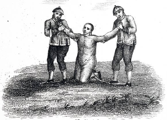 Two Chinese 19th century, executioners hold the interpreter s hands and arms while he is kneeling. Across the back of his legs they lay a piece of bamboo on which they tread. The severity of the pressure, and so of the pain inflicted, is intensified and decreased as they step towards or away from their victims. 1813 WorldxHistoryxArchive 917_05_WHA_092_0382