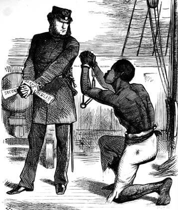 Slavery cartoon, Men and Brothers!! Fugitive slave. Take these off! WorldxHistoryxArchive 917_05_WHA_092_0624