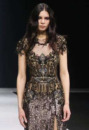 MOSCOW, RUSSIA - MARCH 21, 2017: A model showcases creations during a runway show for the Fall Winter 2017 pret-a-porter collection by Russian fashion designer Valentin Yudashkin at the 37th Moscow Fashion Week at Moscow s Gostiny Dvor Shopping and Exhibition Centre. Stanislav Krasilnikov TASS  TS04504F
