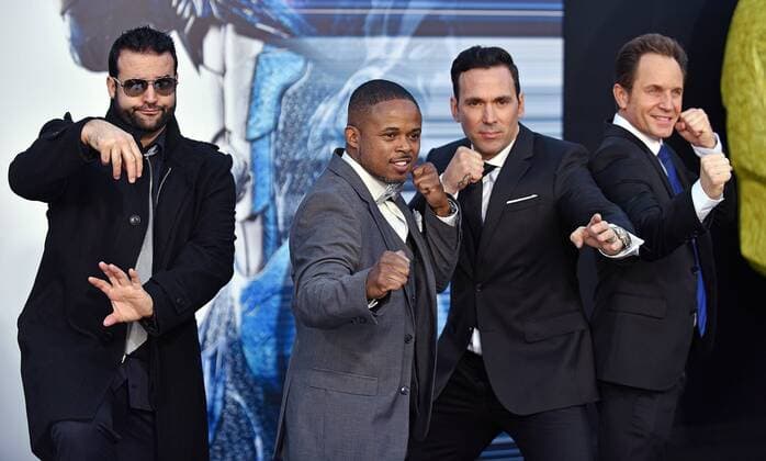 Cast of the original Mighty Morphin Power Rangers (L-R) Austin St. John (Red Ranger), Walter Jones (Black Ranger), Jason David Frank (Green Ranger) and David Yost (Blue Ranger) attend the Power Rangers premiere at the Westwood Village Theatre in Los Angeles on March 22, 2017.  LAP20170322827 CHRISTINExCHEW