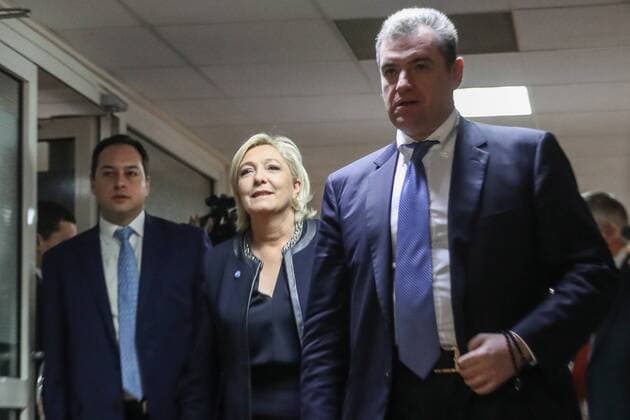MOSCOW, RUSSIA - MARCH 24, 2017: A candidate in the 2017 French presidential election, France s National Front President Marine Le Pen (C) welcomed by Leonid Slutsky (R), Chairman of the Russian State Duma Committee for International Affairs, to a meeting with Russian State Duma members. Sergei Savostyanov TASS  TS04542E