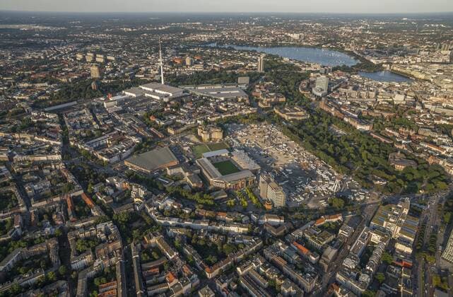 Germany, Hamburg, aerial view of Heiligengeistfeld with Millerntor Stadium  PVCF01011