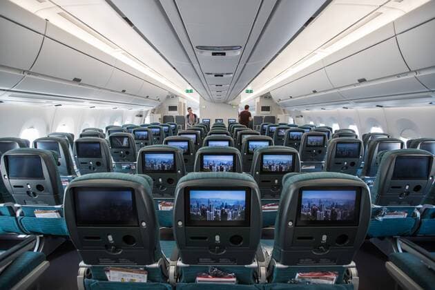 (170326) -- TEL AVIV, March 26, 2017 -- Press visit the cabin of a Cathay Pacific Airbus A350-900 passenger jet at Ben Gurion International Airport, Israel, on March 26, 2017. Cathay Pacific launched Sunday a new flight route linking Hong Kong and Tel Aviv. The airline will run 4 flights weekly on this route with one additional flight every week during peak season. ) (djj) ISRAEL-TEL AVIV-CATHAY PACIFIC-NEW FLIGHT GuoxYu 