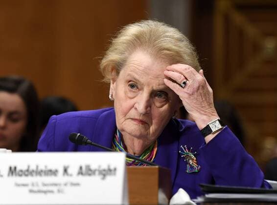 (170330) -- WASHINGTON, March 30, 2017 -- Former U.S. Secretary of State Madeleine Albright gestures before the Senate Foreign Relations Committee during a hearing on The Road Ahead: U.S. Interests, Values, and the American People at Capitol Hill in Washington D.C., the United States, on March 30, 2017. ) U.S.-WASHINGTON D.C.-FOREIGN RELATIONS-HEARING BaoxDandan 