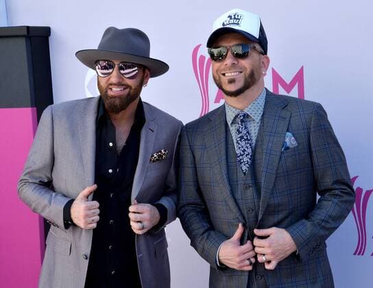 (L-R) Musicians Preston Brust and Chris Lucas of LOCASH, attend the 52nd annual Academy of Country Music Awards held at T-Mobile Arena in Las Vegas, Nevada on April 2, 2017. The show will be telecast live on CBS.  LVP20170402340 JIMxRUYMEN
