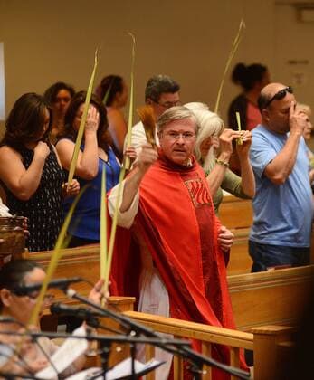 April 9, 2017 - Albuquerque, NEW MEXICO, U.S. - JOURNAL 040917.Rev. Father Robert Campbell,<cq>, blesses the palms during the 12:15 pm Mass at Our Lady of the Most Holy Rosary Catholic Church on Albuquerque West Mesa. Palm Sunday marks the beginning of Holy Week for Christians. Photographed on Sunday April 9, 2017. . JOURNAL. Albuquerque U.S. - ZUMAab1_ 20170409_zaf_ab1_004 Copyright: xAdolphexPierre-Louisx