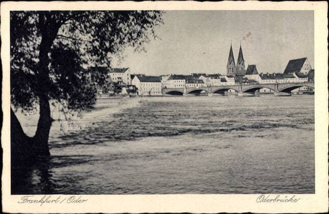 Frankfurt an der Oder, Blick auf die Oderbrücke, Kirchturm, Flusspartie