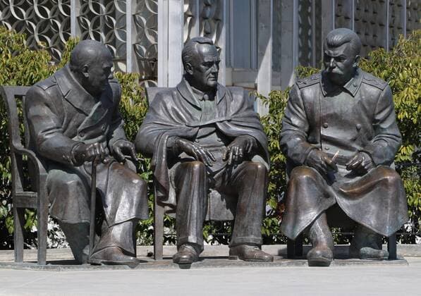 CRIMEA, RUSSIA - APRIL 12, 2017: Statues of participants in the 1945 Yalta Conference, British Prime Minister Winston Churchill, US President Franklin D. Roosevelt, and Marshal of the Soviet Union Joseph Stalin (L-R) at the Livadia Palace. Alexei Pavlishak TASS  TS047E44