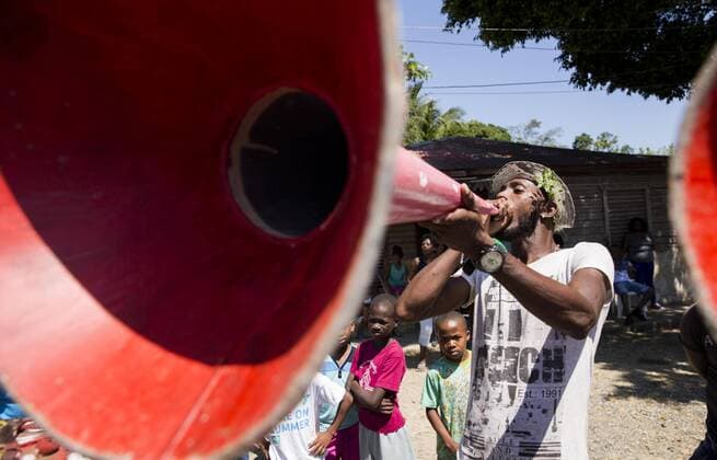 Musicians participate in a Gaga on the occasion of the celebrations of Good Friday in Batey Mata Mamon, in Santo Domingo, Dominican Republic, on 14 April 2017. Beyond the classic christian processions of Holy Week, in the Dominican Republic another religious ritual is celebrated at this time, the Gaga , a tradition where they mix catholicism and voodoo, and whose dances and music transport the neophyte spectator to african lands. Vudu and catholicism: Gaga religious synectivities in Holy Week in Dominican Republic !ACHTUNG: NUR REDAKTIONELLE NUTZUNG!  Copyright: xOrlandoxBarríax STO004 20170414-636278030349548265