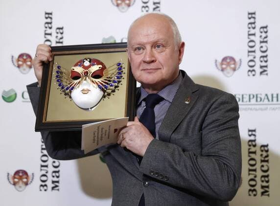 MOSCOW, RUSSIA - APRIL 19, 2017: Russian actor Viktor Krivonos poses with an award for Operetta-Musical Best Actor for Bely. Petersburg, Theatre of Musical Comedy, St Petersburg, at the 2017 Golden Mask award ceremony at the Stanislavsky and Nemirovich-Danchenko Moscow Music Theatre. Artyom Geodakyan TASS  TS048DE2