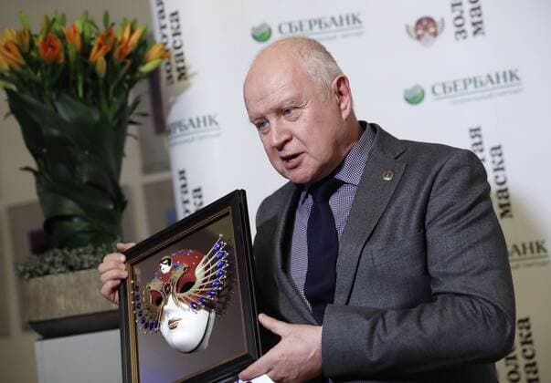 MOSCOW, RUSSIA - APRIL 19, 2017: Russian actor Viktor Krivonos poses with an award for Operetta-Musical Best Actor for Bely. Petersburg, Theatre of Musical Comedy, St Petersburg, at the 2017 Golden Mask award ceremony at the Stanislavsky and Nemirovich-Danchenko Moscow Music Theatre. Artyom Geodakyan TASS  TS048DE4