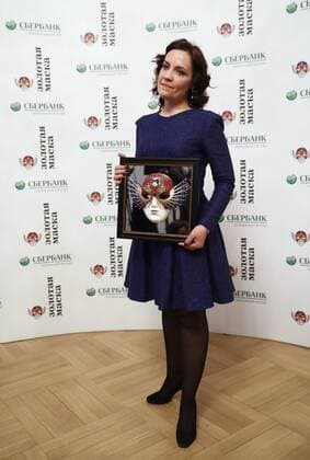 MOSCOW, RUSSIA - APRIL 19, 2017: Russian soprano Nadezhda Pavlova poses with an award for Opera Best Actress for La Traviata, Opera and Ballet Theatre, Perm, at the 2017 Golden Mask award ceremony at the Stanislavsky and Nemirovich-Danchenko Moscow Music Theatre. Artyom Geodakyan TASS  TS048DF8