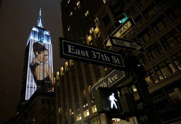 An artist rendering image of Natalie Portman is projected onto the Empire State Building in the Manhattan skyline to celebrate Harper Bazaar s 150th anniversary on April 19, 2017 in New York City. Spanning 42 floors of the building and rising 500 feet high, the show featured iconic fashion images of everyone from Audrey Hepburn to Kate Moss, including iconic works by the likes of Andy Warhol.  NYP20170419183 JOHNxANGELILLO