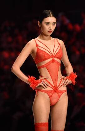 April 19, 2017 - Shenzhen, Shenzhen, China - Shenzhen, CHINA-April 19 2017: (EDITORIAL USE ONLY. CHINA OUT) A model presents one piece of Oleno creation during the 2017 China (Shenzhen) International Brand Underwear Fair in south China s Shenzhen, April 19th, 2017. Shenzhen China  - ZUMAs145 20170419_zaa_s145_195 Copyright: xOuxJinweix
