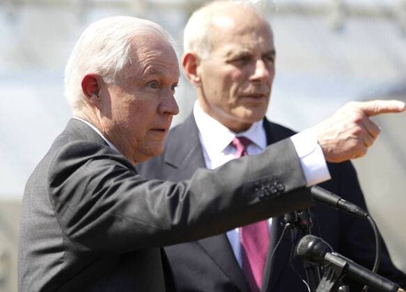 April 21, 2017 - San Ysidro, CA, USA - Attorney General Jeff Sessions, left makes a point in his first joint appearance along AmericaÃ¢â‚¬â ¢s Southern border with Homeland Security Secretary John Kelly. San Ysidro USA - ZUMAga3_ 20170421_zap_ga3_003 Copyright: xJohnxGastaldox