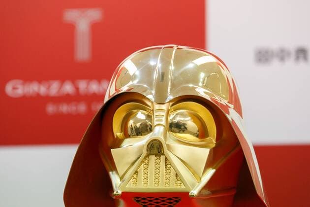 A pure gold Darth Vader mask on display at the Ginza Tanaka jewelry store on April 25, 2017, Tokyo, Japan. To the celebrate the 40th anniversary of the series of Star Wars, the Japanese jewelry store is selling a life-size mask of Darth Vader made from 15kg of pure 24k gold. The Mask is valued at approximately 1.4 million US Dollars. The store is also selling sets of 24k gold commemorative coins with prices ranging from USD 1,201 to 11,124. The products will go on sale on Star Wars Day, May 4th.  (gxta_golddarthvadermask015)