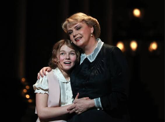 MOSCOW, RUSSIA - APRIL 24, 2017: Actresses Yelizavets Pinegina (L) as Young Elizabeth and Yelena Stepanova as Bobo MacDonald in a scene during a pre-premiere of Peter Morgan s play The Audience staged by Gleb Panfilov at the Theatre of Nations. The play tells about Queen Elizabeth II s weekly meetings with prime ministers. Valery Sharifulin TASS  TS049780