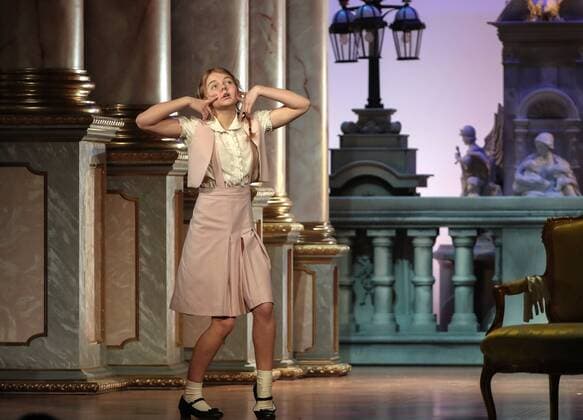 MOSCOW, RUSSIA - APRIL 24, 2017: Actress Yelizavets Pinegina as Young Elizabeth in a scene during a pre-premiere of Peter Morgan s play The Audience staged by Gleb Panfilov at the Theatre of Nations. The play tells about Queen Elizabeth II s weekly meetings with prime ministers. Valery Sharifulin TASS  TS049790