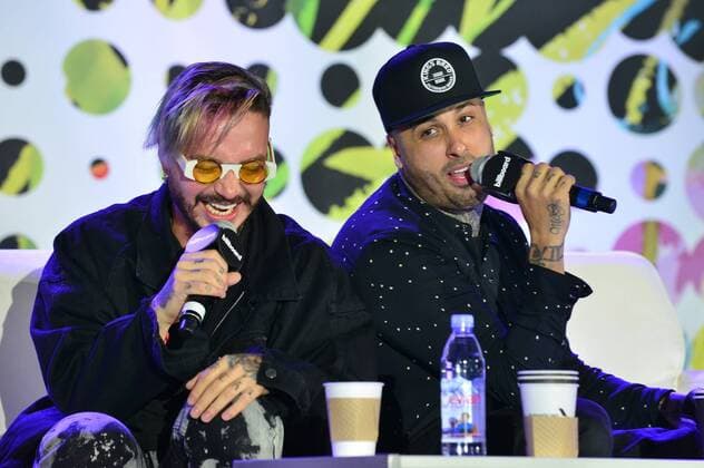 Colombian singer J. Balvin (L) and US-Dominican-Puerto Rican singer Nicky Jam take part at the Billboard Latin Muisc Awards Conference, at the Ritz Carlton Hotel in Miami, Florida, United States, 26 April 2017. Balvin assured that after Despacito by Luis Fonsi and Daddy Yankee there wil be more producitons that mix reggaeton and English pop. J BALVIN AND NICKY JAM SAY THAT THERE WILL BE MORE FUSION OF REGGAETON AND POP !ACHTUNG: NUR REDAKTIONELLE NUTZUNG!  Copyright: xGiorgioxVierax MIA001 20170427-636288573513705824