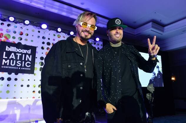 Colombian singer J. Balvin (L) and US-Dominican-Puerto Rican singer Nicky Jam take part at the Billboard Latin Muisc Awards Conference, at the Ritz Carlton Hotel in Miami, Florida, United States, 26 April 2017. Balvin assured that after Despacito by Luis Fonsi and Daddy Yankee there wil be more producitons that mix reggaeton and English pop. J BALVIN AND NICKY JAM SAY THAT THERE WILL BE MORE FUSION OF REGGAETON AND POP !ACHTUNG: NUR REDAKTIONELLE NUTZUNG!  Copyright: xGiorgioxVierax MIA001 20170427-636288573527277650