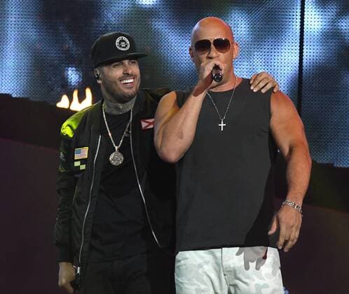Latin artist Vin Diesel (R) and Nicky Jam perform during the 2017 Billboard Latin Music Awards and Show at the Bank United Center, University of Miami, Miami, Florida on April 27, 2017.  MIA201704272679 GARYxIxROTHSTEIN