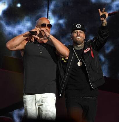 Latin artist Vin Diesel (R) and Nicky Jam perform during the 2017 Billboard Latin Music Awards and Show at the Bank United Center, University of Miami, Miami, Florida on April 27, 2017.  MIA201704272690 GARYxIxROTHSTEIN