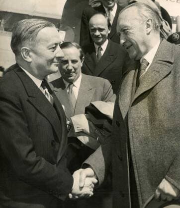 German Chancellor Konrad Adenauer met by French Minister Georges Bidault, Orly, France x19712x 