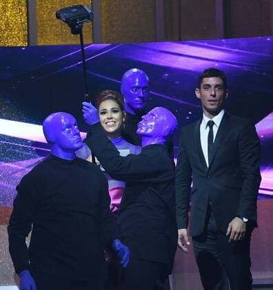 Latin artist Danna Paola & Alberto Guerra present an award with the help of the Blue Man Group during the 2017 Billboard Latin Music Awards and Show at the Bank United Center, University of Miami, Miami, Florida on April 27, 2017.  MIA20170427302 GARYxIxROTHSTEIN