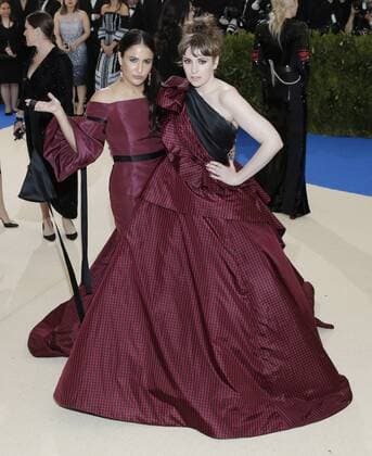 Jenni Konner and Lena Dunham arrive on the red carpet at the Costume Institute Benefit at The Metropolitan Museum of Art celebrating the opening of Rei Kawakubo Comme des Garcons: Art of the In-Between in New York City on May 1, 2017.  NYP20170501164 JOHNxANGELILLO